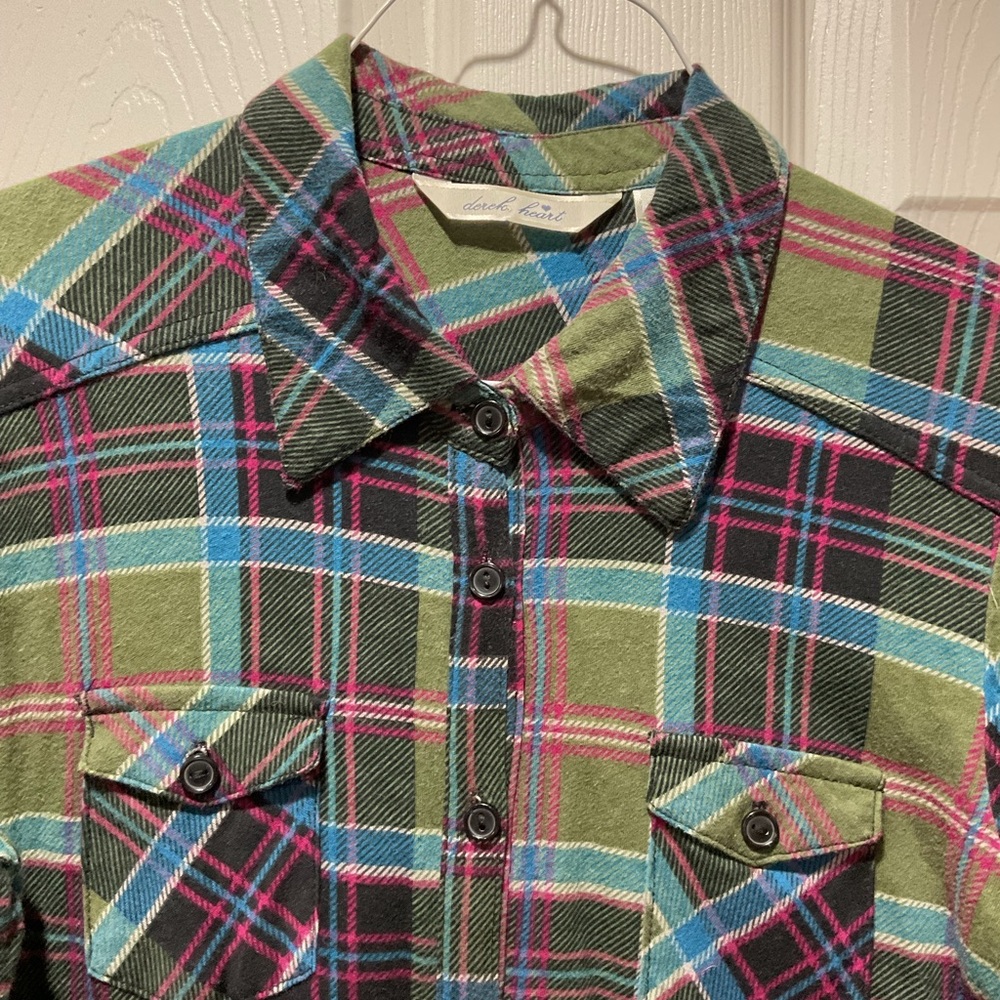 Adorable Plaid flannel shirt/minidress belt curved ruffle hem green, turquoise